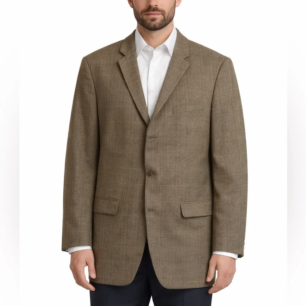Tasso Elba Mens 44L Plaid Herringbone Blazer Silk Wool Blend Sport Coat Jacket